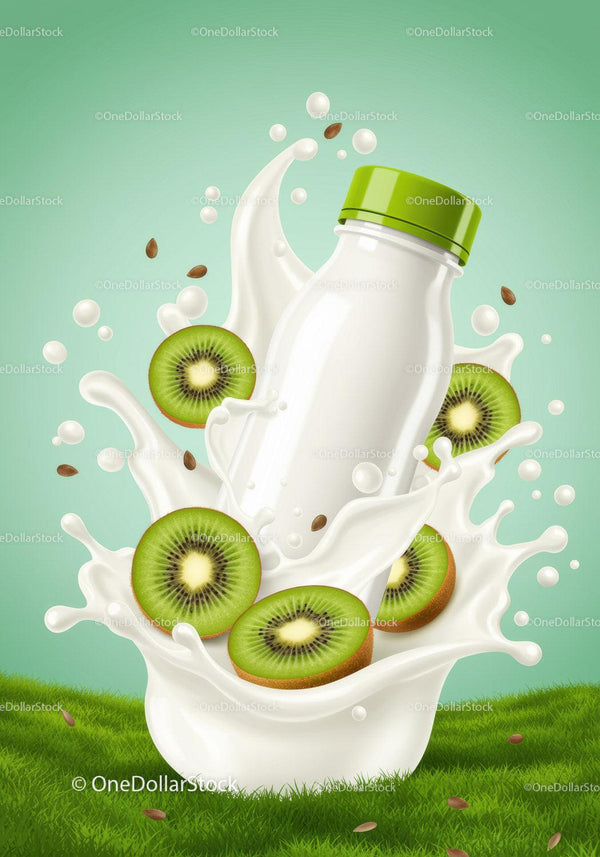 Refreshing kiwi smoothie bottle with milk splash JPG Mockup Image