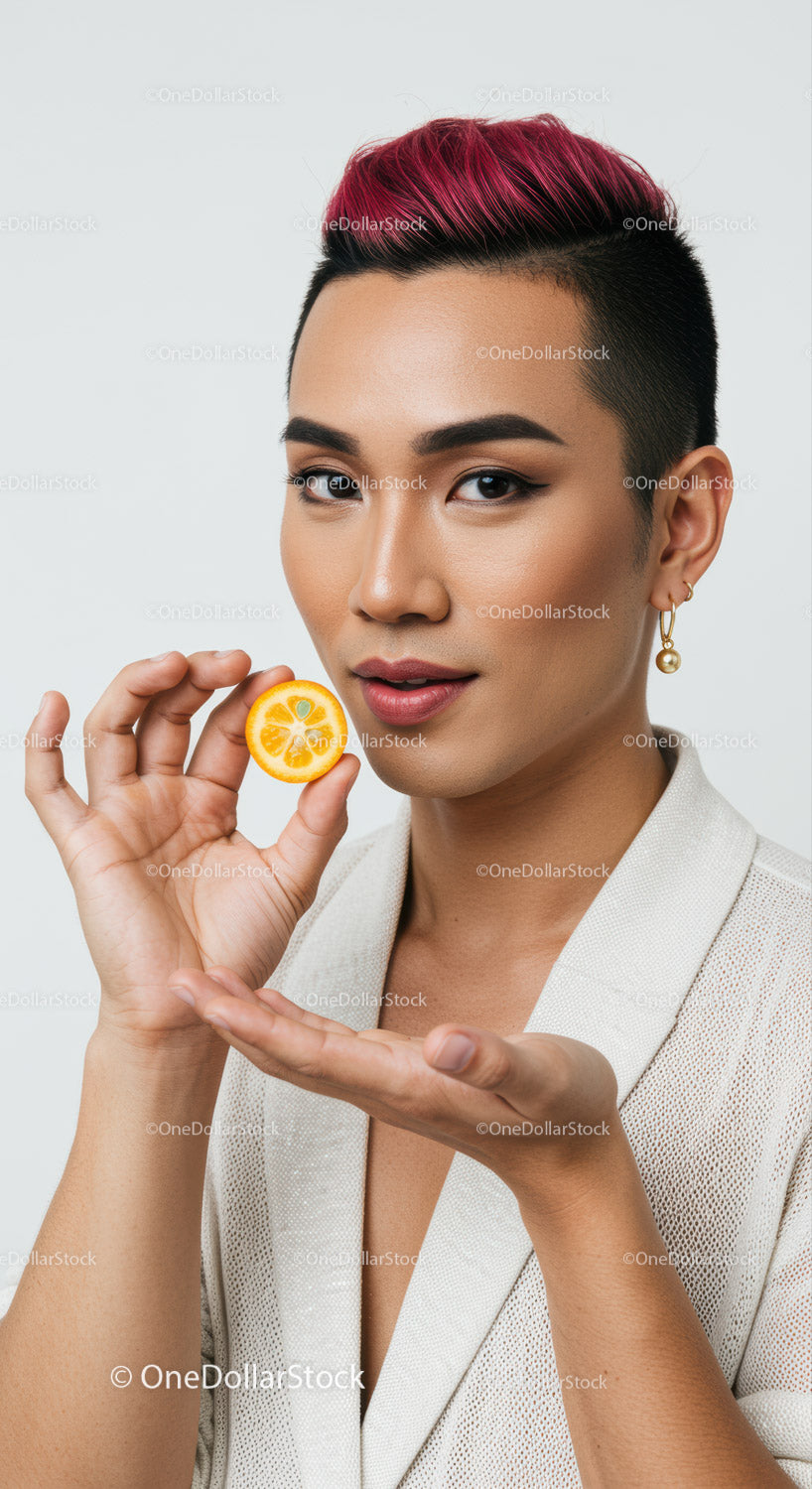 Bold Woman with Pink Hair Holding Lemon Slice in Creative Portrait