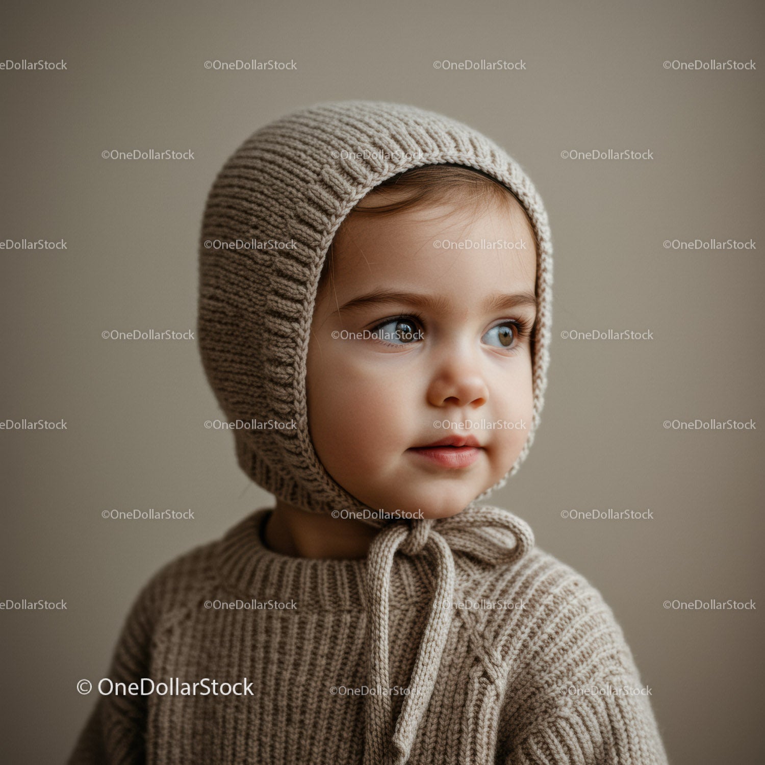 Toddler in cozy knitted bonnet looking away softly