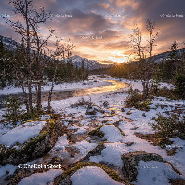 Winter sunset over peaceful snow-covered mountain river
