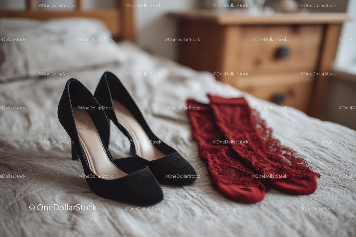 Chic Black Heels and a Red Lace Dress in a Cozy Bedroom Setting