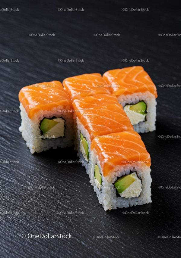 Fresh salmon sushi rolls with avocado and cream cheese