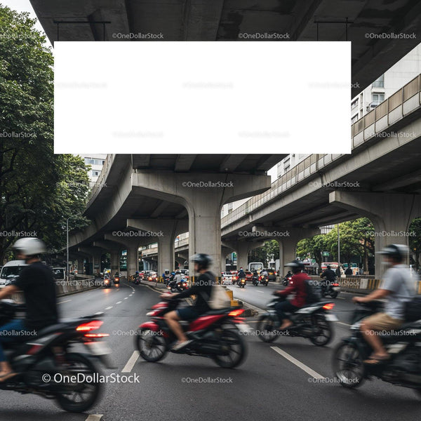Busy urban street with motorbikes under highway overpass JPG Mockup Image