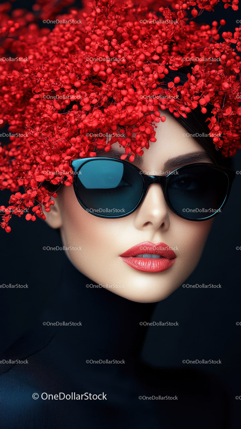Fashionable Woman with Red Berry Headpiece Wearing Sunglasses