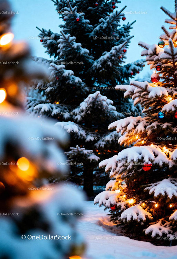 Snow-covered Christmas trees with glowing festive lights