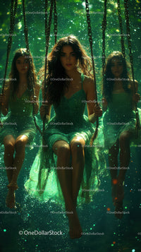 Underwater Forest Scene with Three Elegant Women on Swings