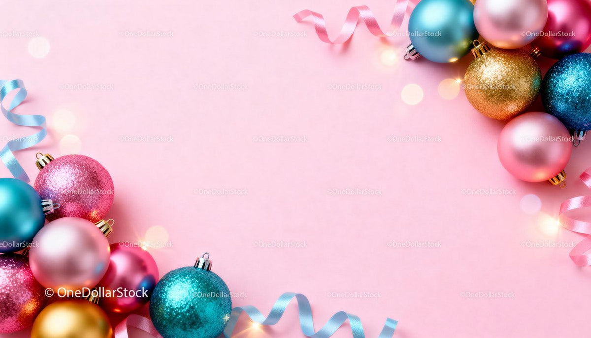 Colorful Christmas ornaments and ribbons on pink background