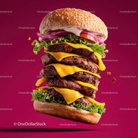 Stacked Cheeseburger with Multiple Beef Patties and Fresh Toppings