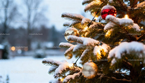 Snow-covered Christmas tree with glowing ornaments
