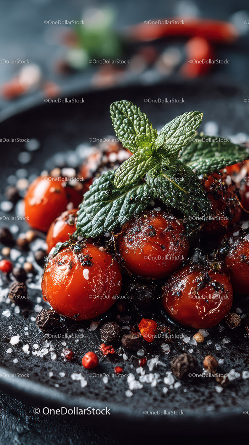 Cherry Tomatoes with Mint Leaves on Black Textured Surface