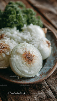 Fresh Whole Onions Sliced for Cooking on Rustic Wooden Surface