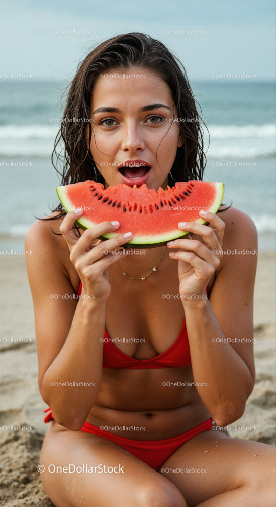 Young Woman Eating Watermelon on the Beach in Summer