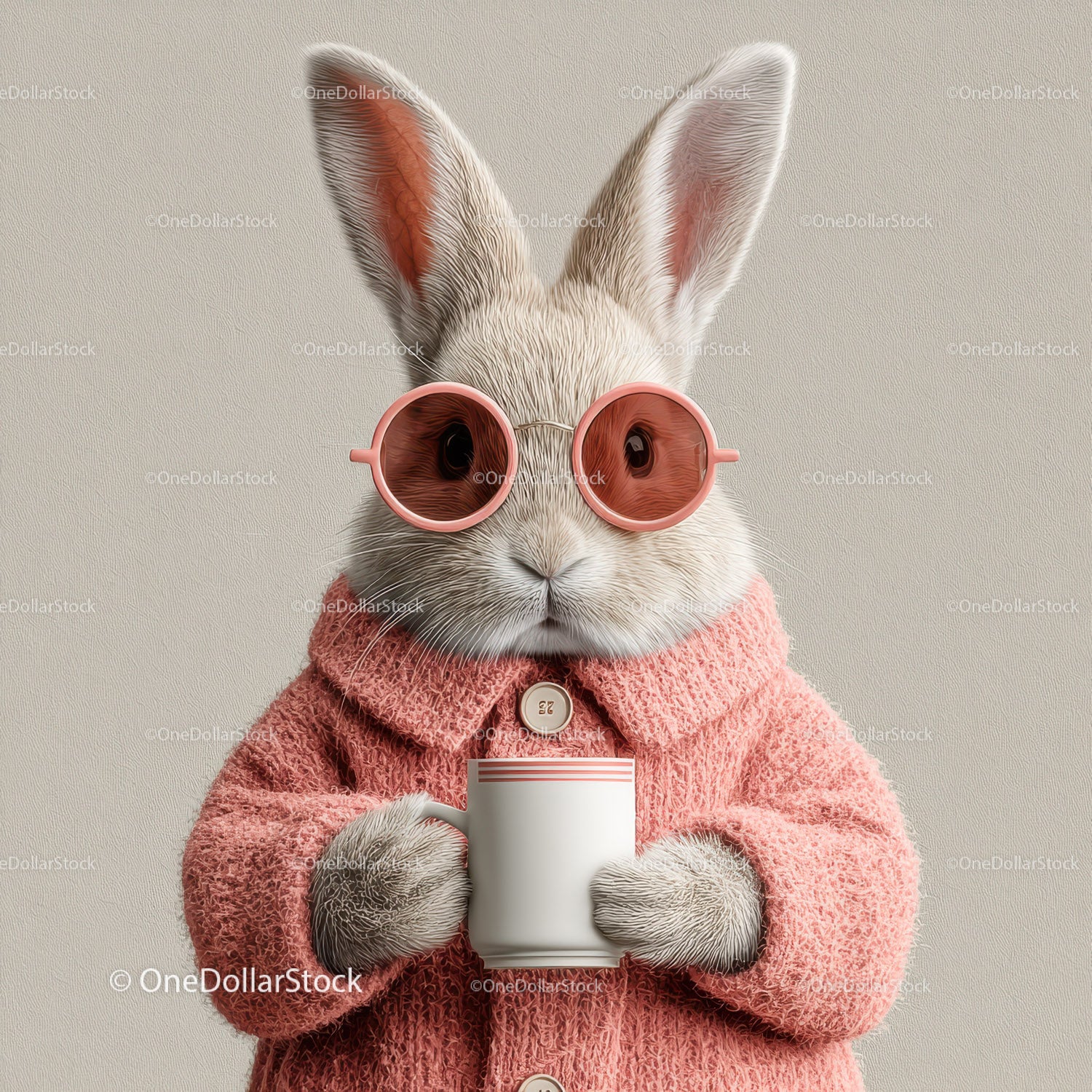 Cute Bunny Wearing Sunglasses and Cozy Pink Sweater Holding Coffee Mug