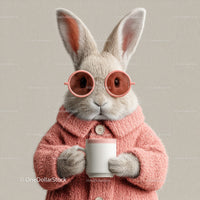 Cute Bunny Wearing Sunglasses and Cozy Pink Sweater Holding Coffee Mug
