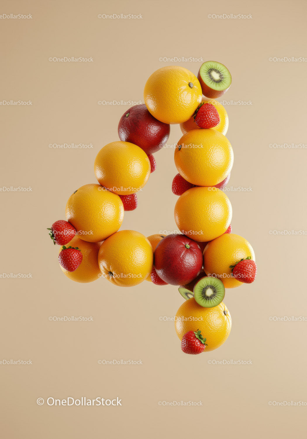 Number Four Composed of Colorful Fresh Fruits