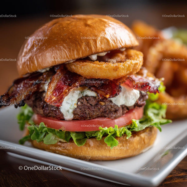 Gourmet burger with bacon and fresh vegetables on a white plate