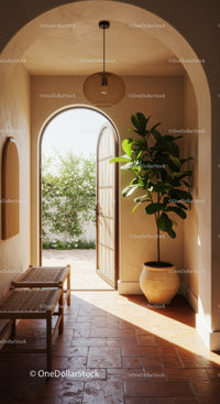 Cozy Mediterranean Entryway with Green Plant and Open Door