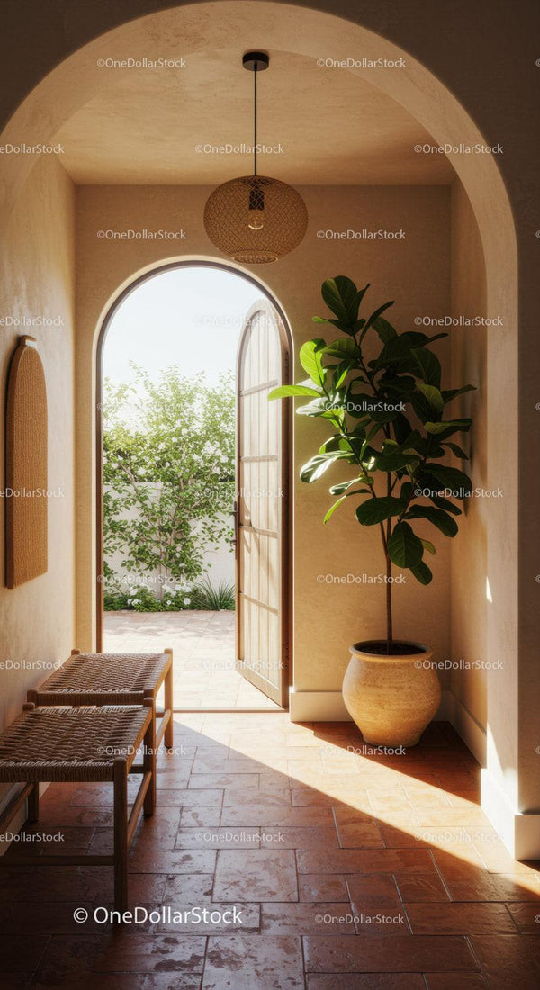 Cozy Mediterranean Entryway with Green Plant and Open Door