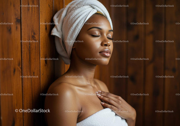 Zrelaksowana kobieta w ręczniku spa z turbanem, ciesząca się rutyną wellness