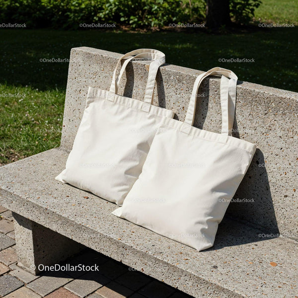Two Plain Cotton Tote Bags Resting on Concrete Bench JPG Mockup Image