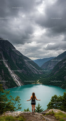 Woman enjoying serene mountain lake view under cloudy sky