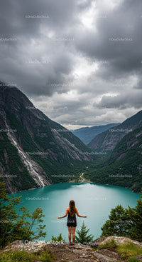 Woman enjoying serene mountain lake view under cloudy sky
