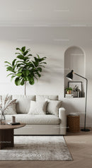 Cozy living room with beige sofa and indoor plants