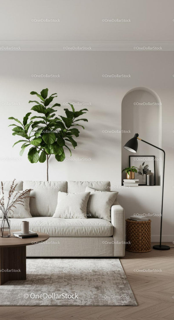 Cozy living room with beige sofa and indoor plants