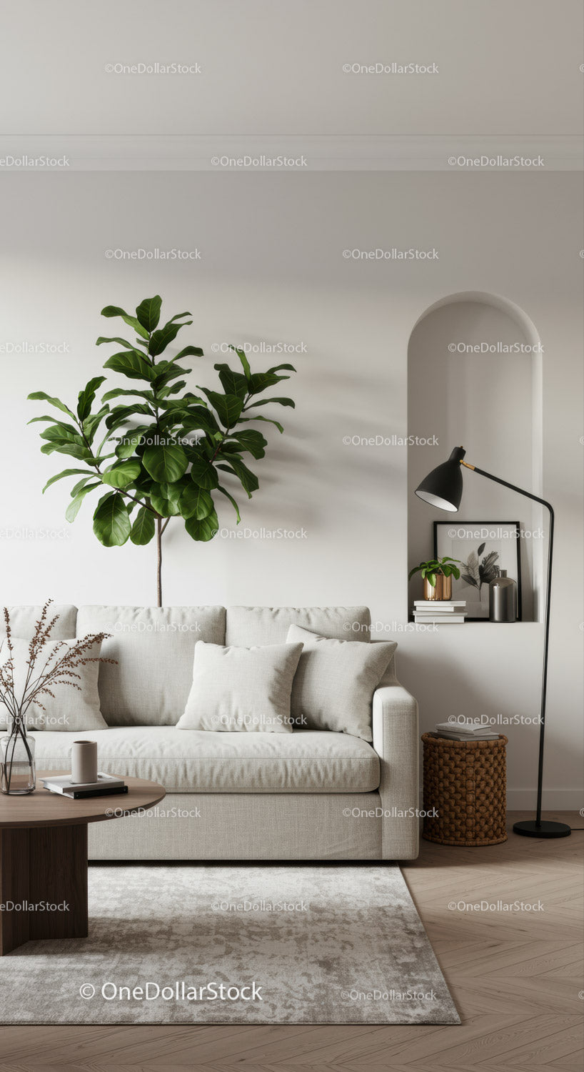 Przytulny salon z beżową sofą i roślinami doniczkowymi