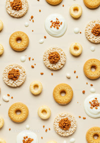 Assorted crunchy cereal rings and rice cakes with yogurt