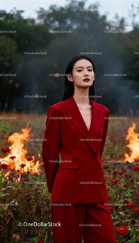 Confident woman in red suit standing by burning field