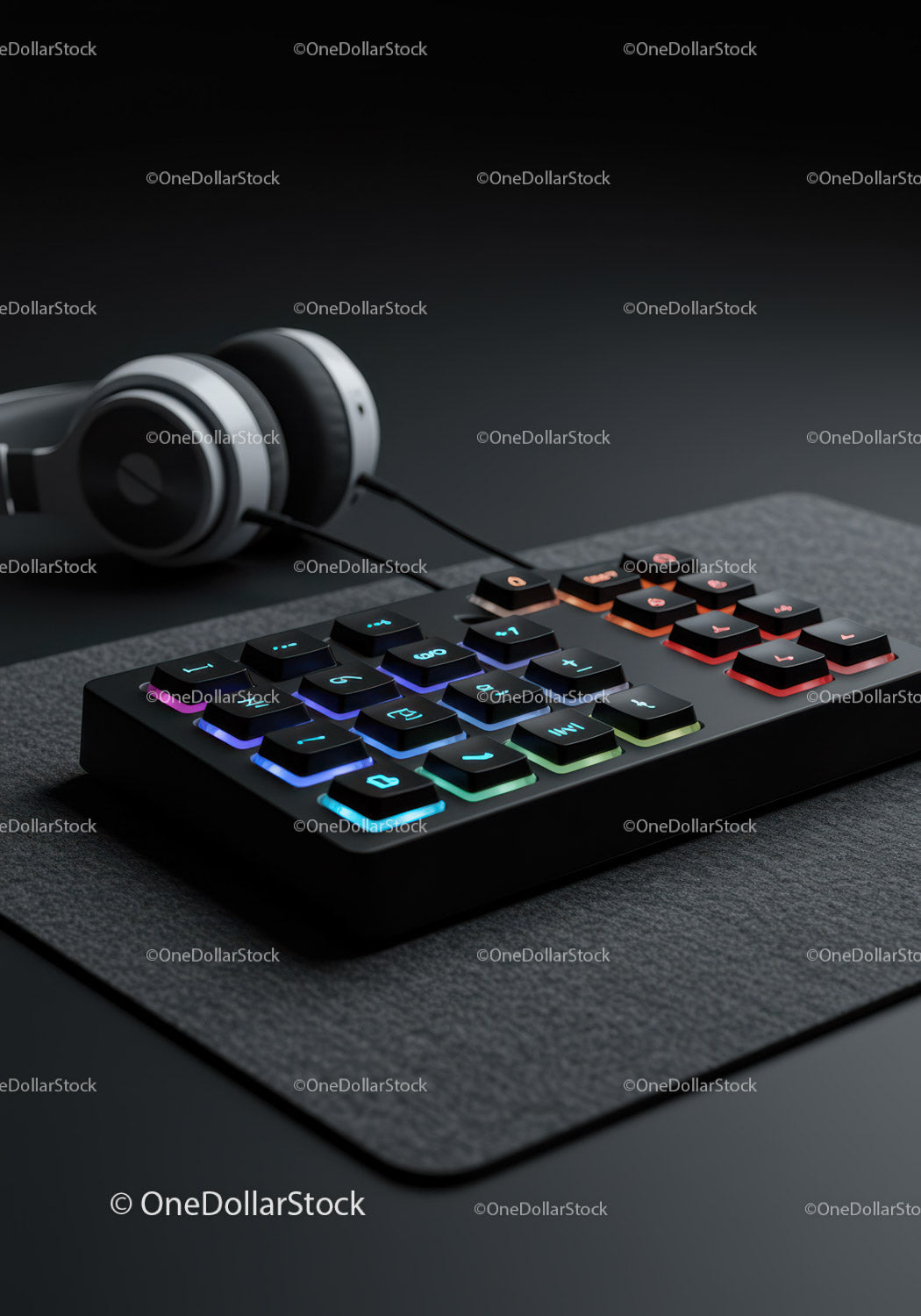 Podświetlana RGB klawiatura gamingowa ze słuchawkami na nowoczesnym biurku
