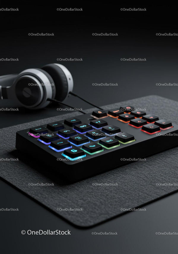 Klawiatura gamingowa z podświetleniem RGB i słuchawkami na nowoczesnym biurku