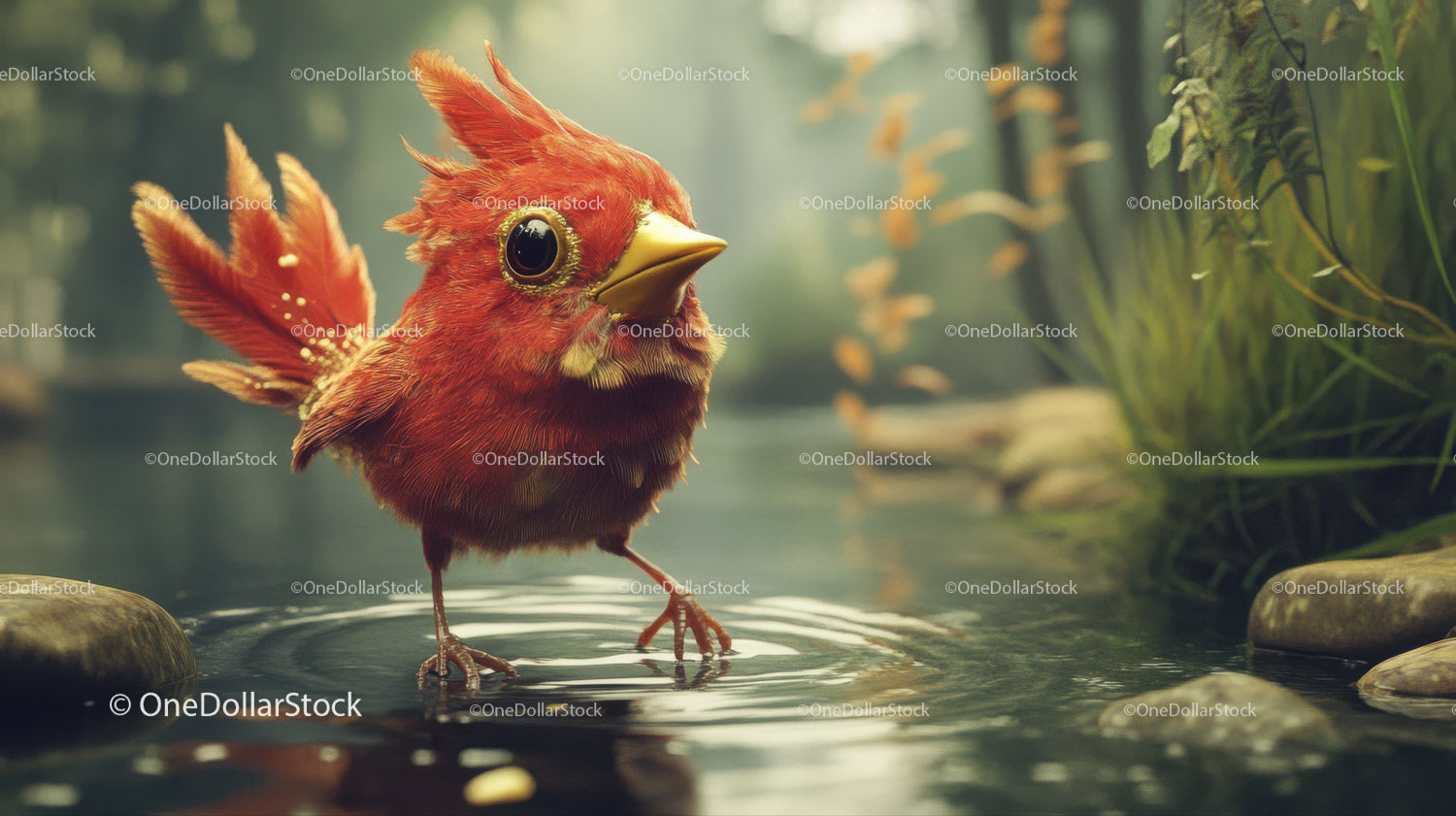 Bright Red Exotic Bird Standing in Water Amidst Jungle Environment