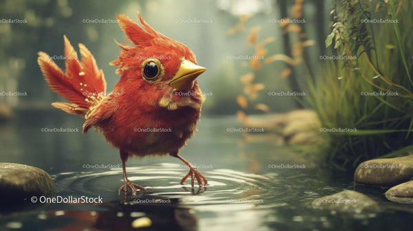 Small Red Bird Standing In Water Reflection