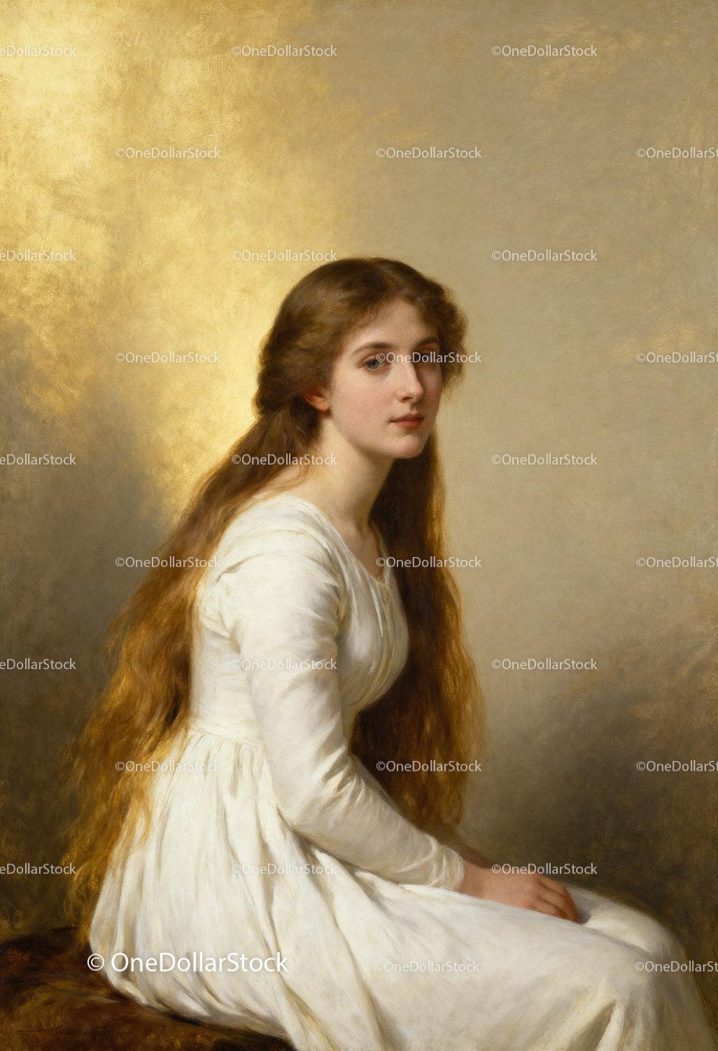 Young woman with long hair in white dress portrait