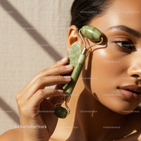 Beautiful Woman Using Jade Roller for Skin Rejuvenation and Relaxation