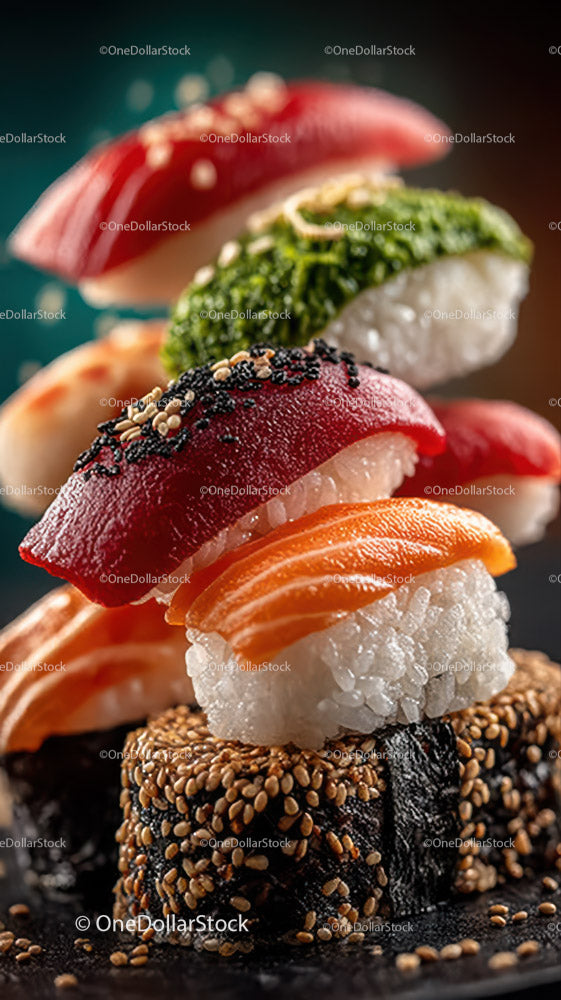 Exquisite Sushi Variety Displayed with Colorful Presentation