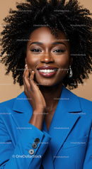 Elegant African American Woman in Blue Blazer with Curly Hair Smiling