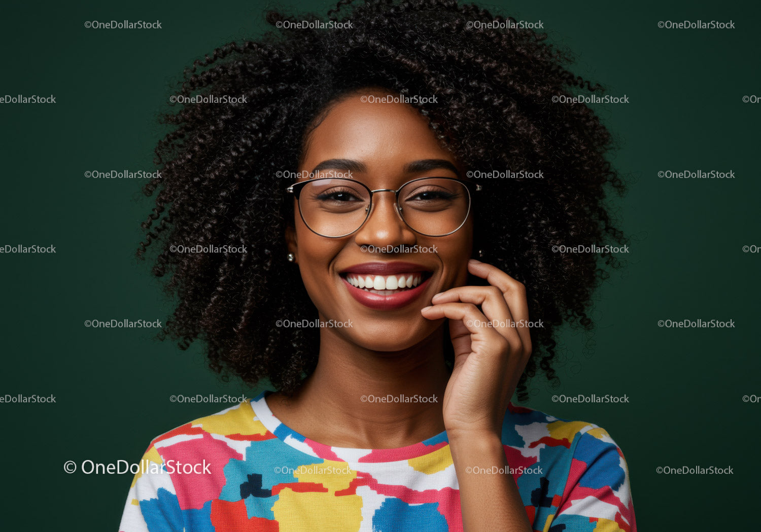 Portrait of a Smiling Woman with Curly Hair and Glasses in Vibrant Colors