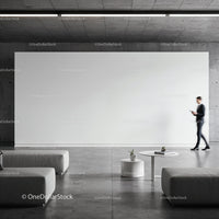 Minimalist modern lobby with large blank wall