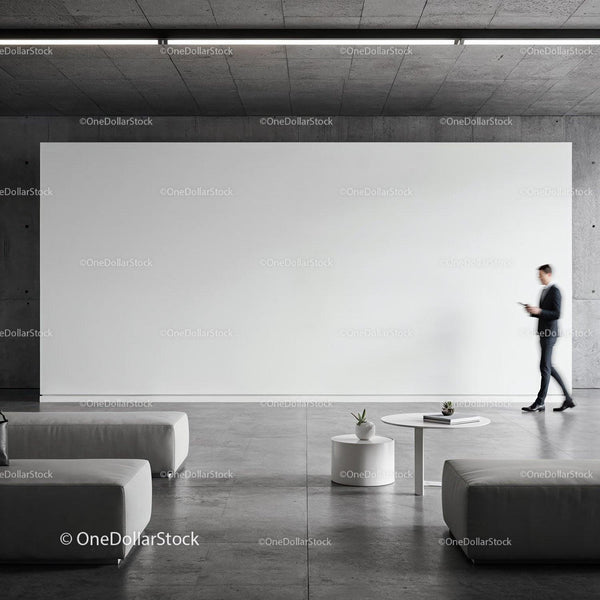 Minimalist modern lobby with large blank wall JPG Mockup Image