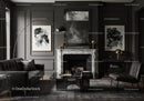 Elegant dark living room with marble fireplace and artwork