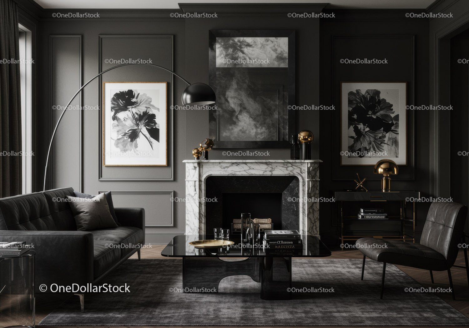 Elegant dark living room with marble fireplace and artwork