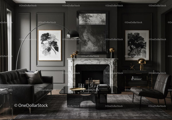 Elegant dark living room with marble fireplace and artwork
