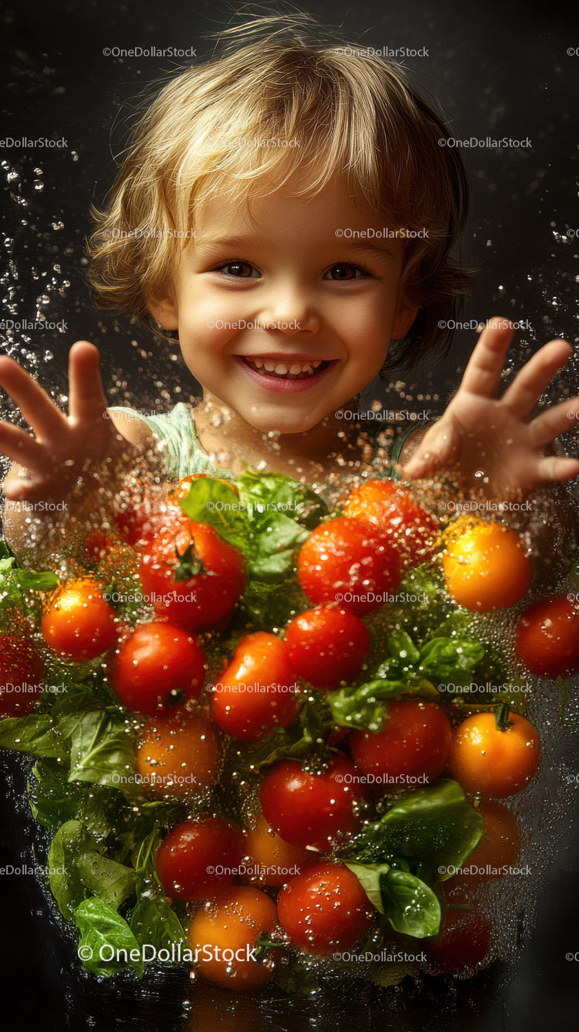 Young Child Playing with Vegetables Under Water Splash