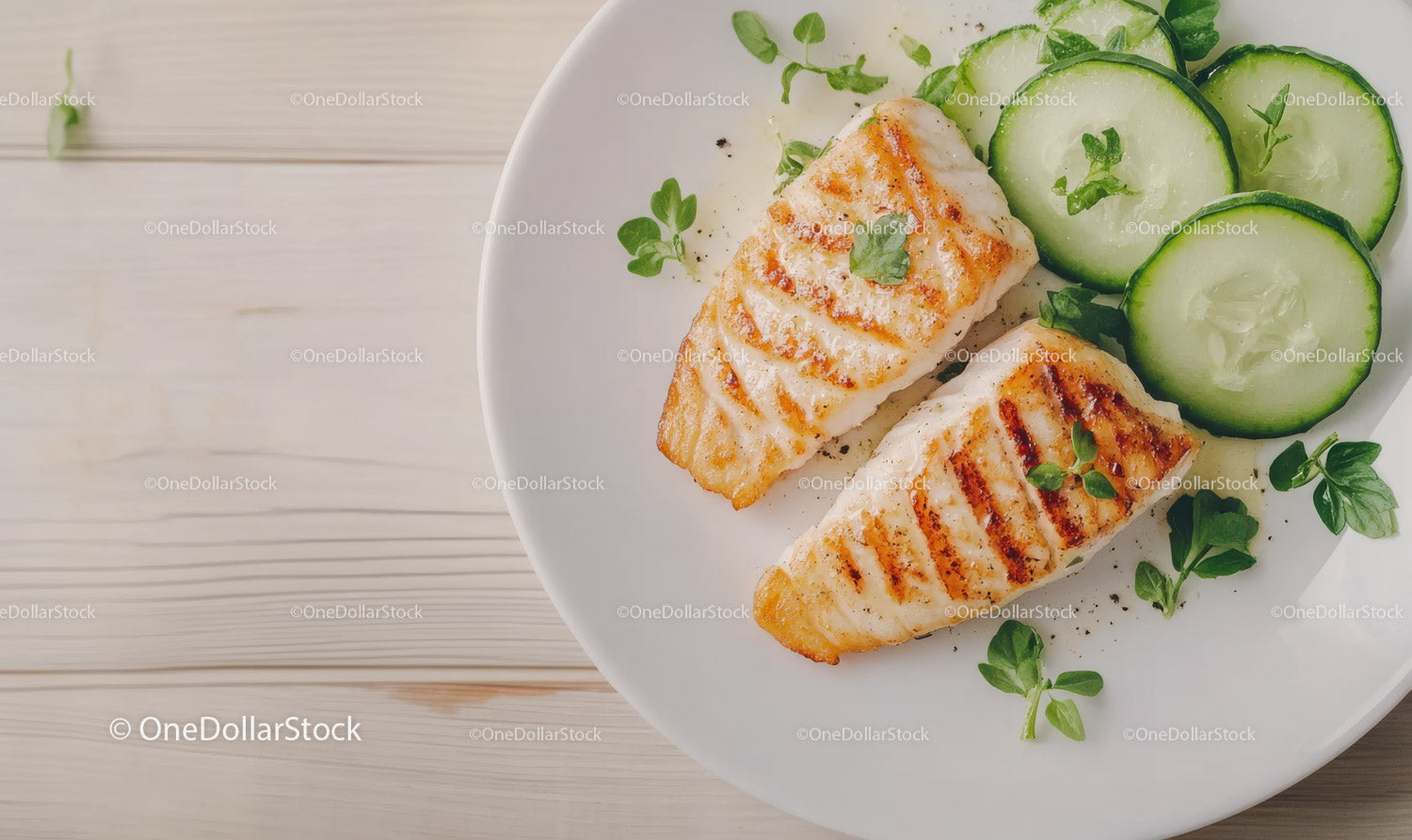 Grilled Chicken Fillet with Cucumber Slices and Microgreens Plate