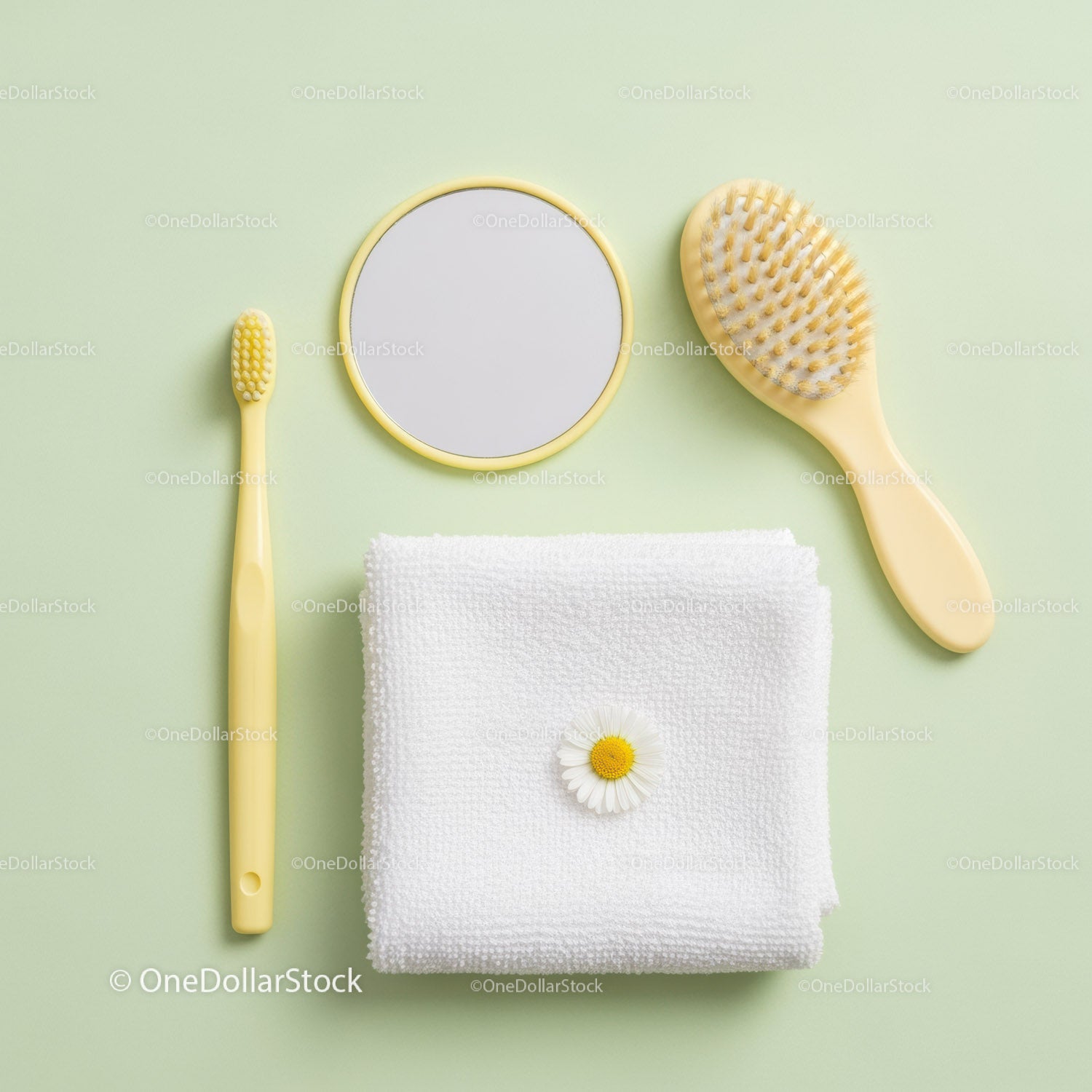 Minimalist Yellow Bath Accessories with White Towel and Flower