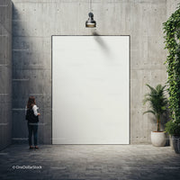 Woman Contemplating Large Blank Poster on Concrete Wall