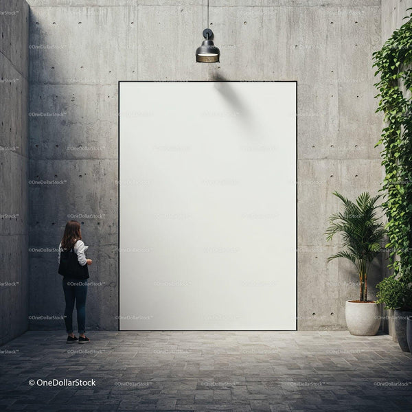 Woman Contemplating Large Blank Poster on Concrete Wall JPG Mockup Image